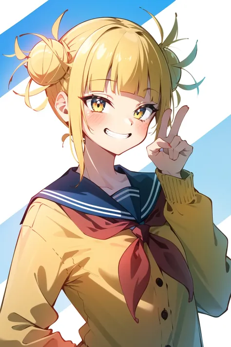 toga himiko, boku no hero academia, 1girl, bags under eyes, bangs, blonde hair, blue sailor collar, blunt bangs, blush, cardigan, double bun, grin, hair bun, hand up, happy, long sleeves, looking at viewer, messy hair, neckerchief, red neckerchief, sailor collar, sanpaku, school uniform, serafuku, short hair, sidelocks,  slit pupils, smile, solo, twitter username, upper body, v, yellow cardigan, yellow eyes, ((masterpiece))  <lora:toga_himiko_offset:1>