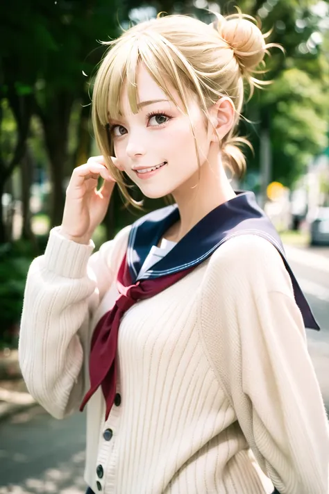 masterpiece, (photorealistic:1.4), best quality, beautiful lighting, outdoors,
toga himiko, boku no hero academia, 1girl, bags under eyes, bangs, blonde hair, blue sailor collar, blunt bangs, blush, cardigan, double bun, grin, hair bun, hand up, happy, long sleeves, looking at viewer, messy hair, neckerchief, red neckerchief, sailor collar, sanpaku, school uniform, serafuku, short hair, sidelocks,  slit pupils, smile, solo, upper body, v, yellow cardigan, yellow eyes  <lora:toga_himiko_offset:1>  <lora:japaneseDollLikeness_v10:0.5>