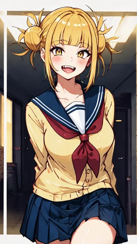 lumen reflections, natural lighting, evocative, triadic color scheme, cowboy shot, elegant, voluptuous:0.6, looking at viewer, 1girl, female, solo, blush, open mouth, smile, teeth, sfw, <lora:Himiko Toga:1>, toga himiko, blonde hair, messy buns, yellow eyes, split pupils, fangs, blue sailor collar, cardigan, long sleeves, neckerchief, red neckerchief, sailor collar, school uniform, serafuku, yellow cardigan, blue skirt