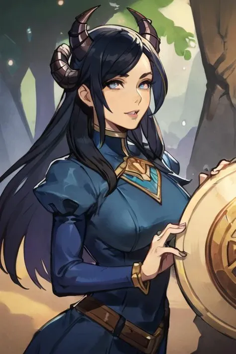Wide angle, necromancer tiefling, blue dress, jeweled horns, focused, forest, female, d & d, fantasy, intricate, elegant, highly detailed, long black hair, digital painting, artstation, octane render, concept art, matte, sharp focus, illustration, hearthstone, art by artgerm, alphonse mucha johannes voss <lora:Hungry Clicker Style:0.7>