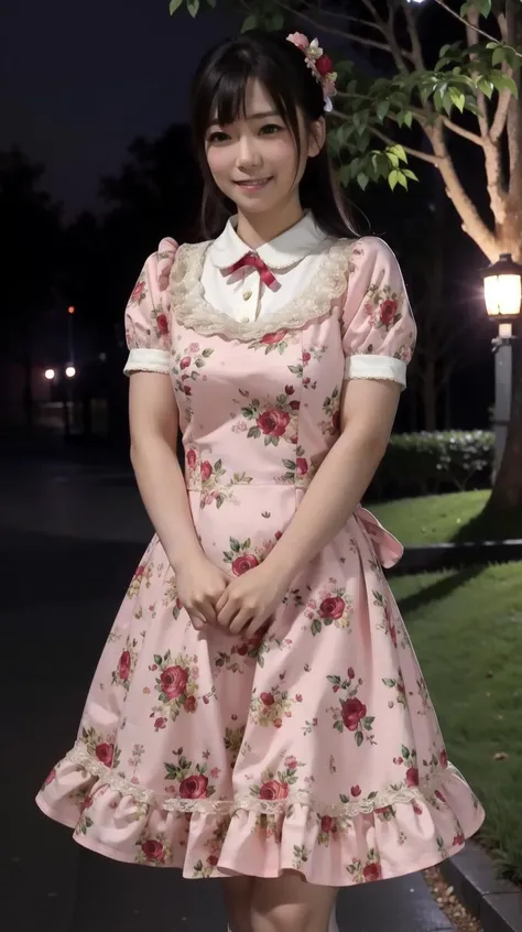 Pink dress, masterpiece, best quality, 1gir, Adult japanese, night, trees, Bokeh, realistic, hd, Lace, <lora:Amioko-OC:0.6>, Amioko-OC, Black eyes, (Walk:1.2), Frilled, smile, At home, (room:1.3)