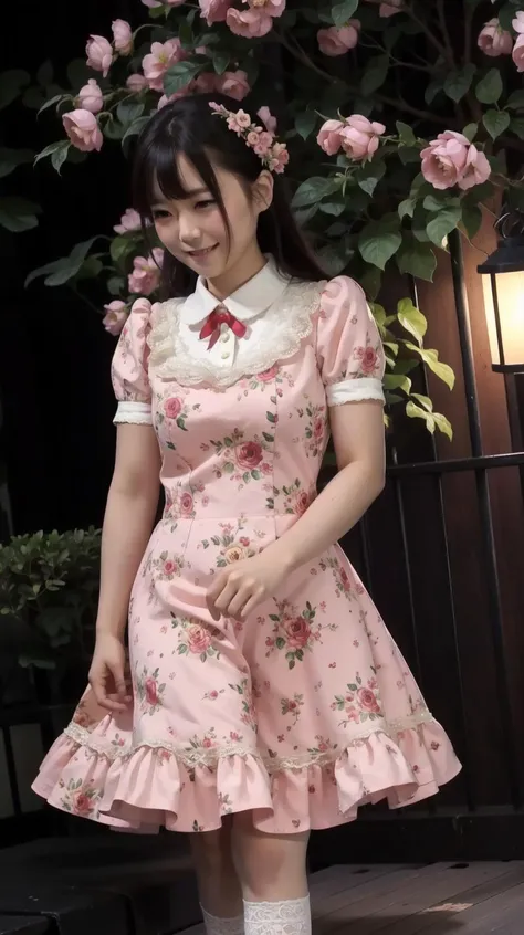 Pink dress, masterpiece, best quality, 1gir, Adult japanese, night, trees, Bokeh, realistic, hd, Lace, <lora:Amioko-OC:0.6>, Amioko-OC, Black eyes, (Walk:1.2), Frilled, smile, At home, room