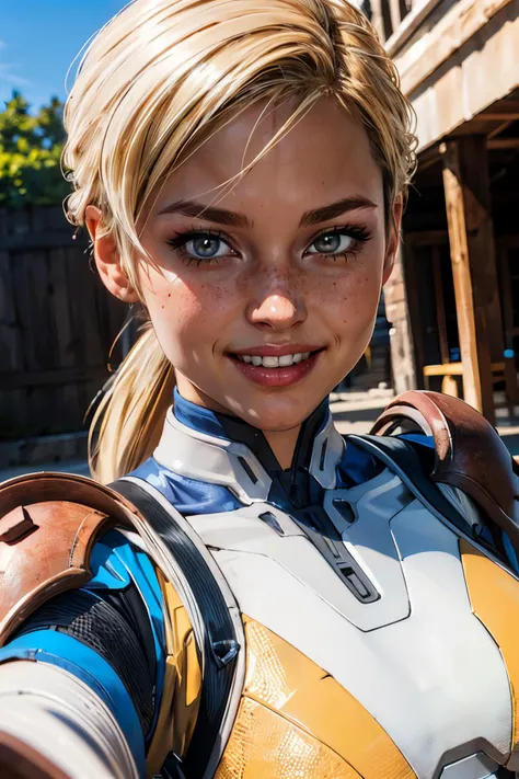 cassie, blonde hair,ponytail, brown eyes,armor, bodysuit, looking at viewer, smiling, portrait, outside, blue sky, extreme detail, masterpiece, <lora:CassieCage-10v10:.7>