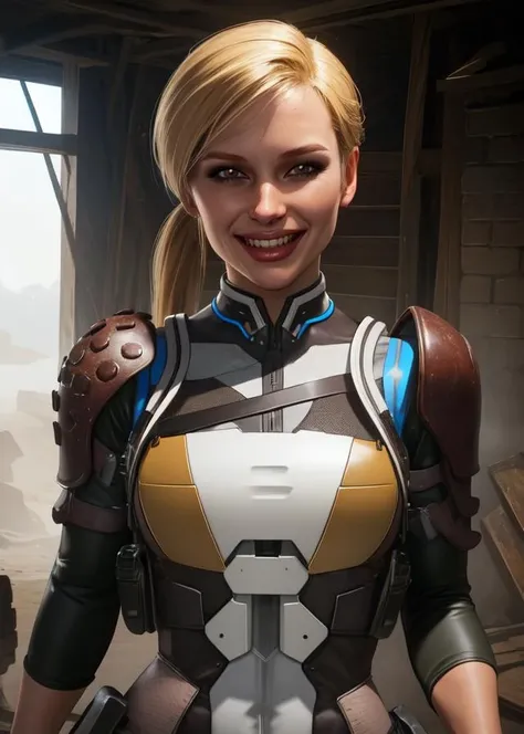 Cassie,blonde hair,solo,ponytail,brown eyes,fingerless gloves,armor,bodysuit,
standing, smile, upper body, barracks,
(insanely detailed, beautiful detailed face, masterpiece, best quality), <lora:CassieCage:0.8>