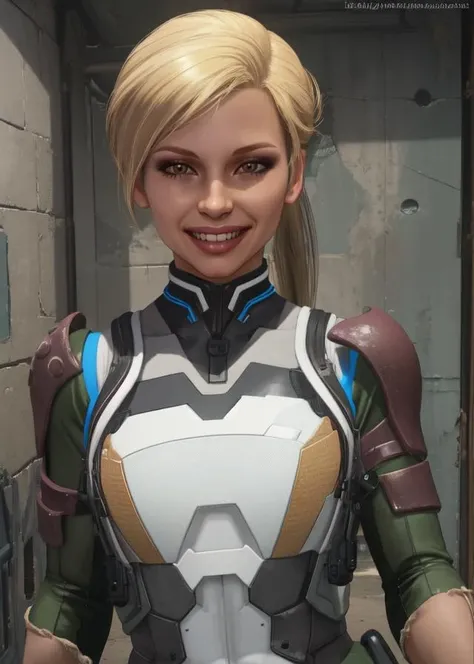 Cassie,blonde hair,solo,ponytail,brown eyes,fingerless gloves,armor,bodysuit, cleavage,
standing, smile, upperbody, barracks, from from above,
(insanely detailed, beautiful detailed face, masterpiece, best quality), <lora:CassieCage:0.8>