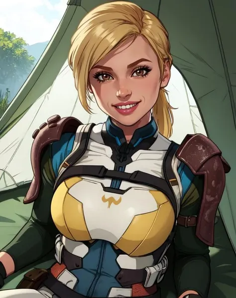 Cassie,blonde hair,solo,ponytail,brown eyes,fingerless gloves,armor,bodysuit,
smile, upper body,
barracks, tent, sitting,
(insanely detailed, beautiful detailed face, masterpiece, best quality), solo,
<lora:CassieCage-10v10:0.8>