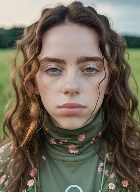 portrait of skswoman, anxious , wearing haute couture , with chestnut Curly hair , background field of flowers, epic (photo, studio lighting, hard light, sony a7, 50 mm, matte skin, pores, colors, hyperdetailed, hyperrealistic), <lyco:Billie Eilish:1.1>