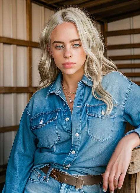 portrait of skswoman, :/ , wearing jeans , with platinum blonde Beachy waves , background chicken coop, epic (photo, studio lighting, hard light, sony a7, 50 mm, matte skin, pores, colors, hyperdetailed, hyperrealistic), <lyco:Billie Eilish:1.1>