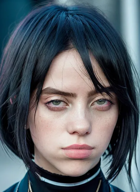 portrait of skswoman, tired , wearing haute couture , with black Bob , background slums, epic (photo, studio lighting, hard light, sony a7, 50 mm, matte skin, pores, colors, hyperdetailed, hyperrealistic), <lyco:Billie Eilish:1.1>