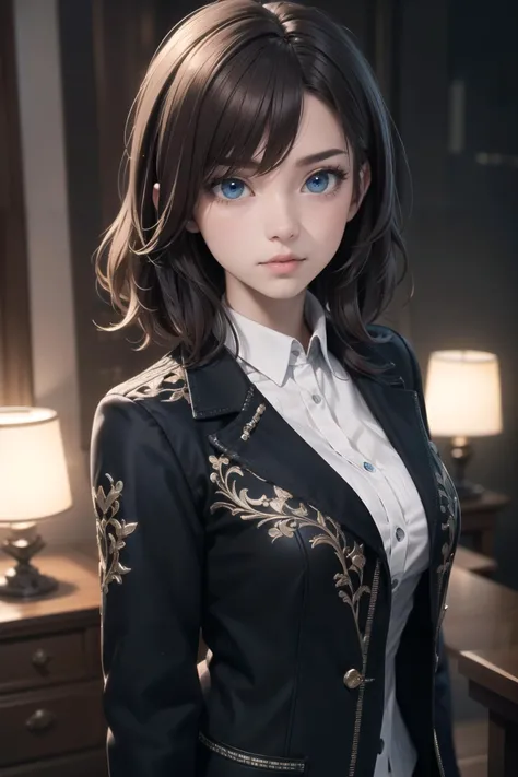 (masterpiece),(best quality),(extremely intricate),(sharp focus),(cinematic lighting),(extremely detailed),3D drawing of a woman with brown hair and blue eyes, wearing a black jacket and white shirt., highly intricate, highly decorated, advanced cinematic perfect light, perfect symmetry,pg-13,