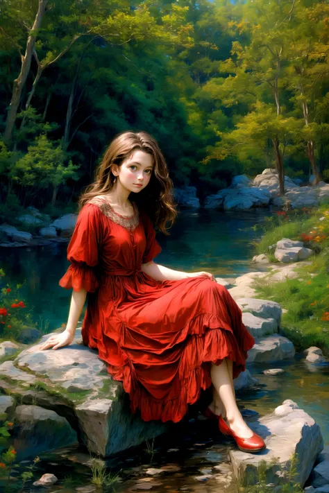 A woman wearing a red dress is sitting on a rock.