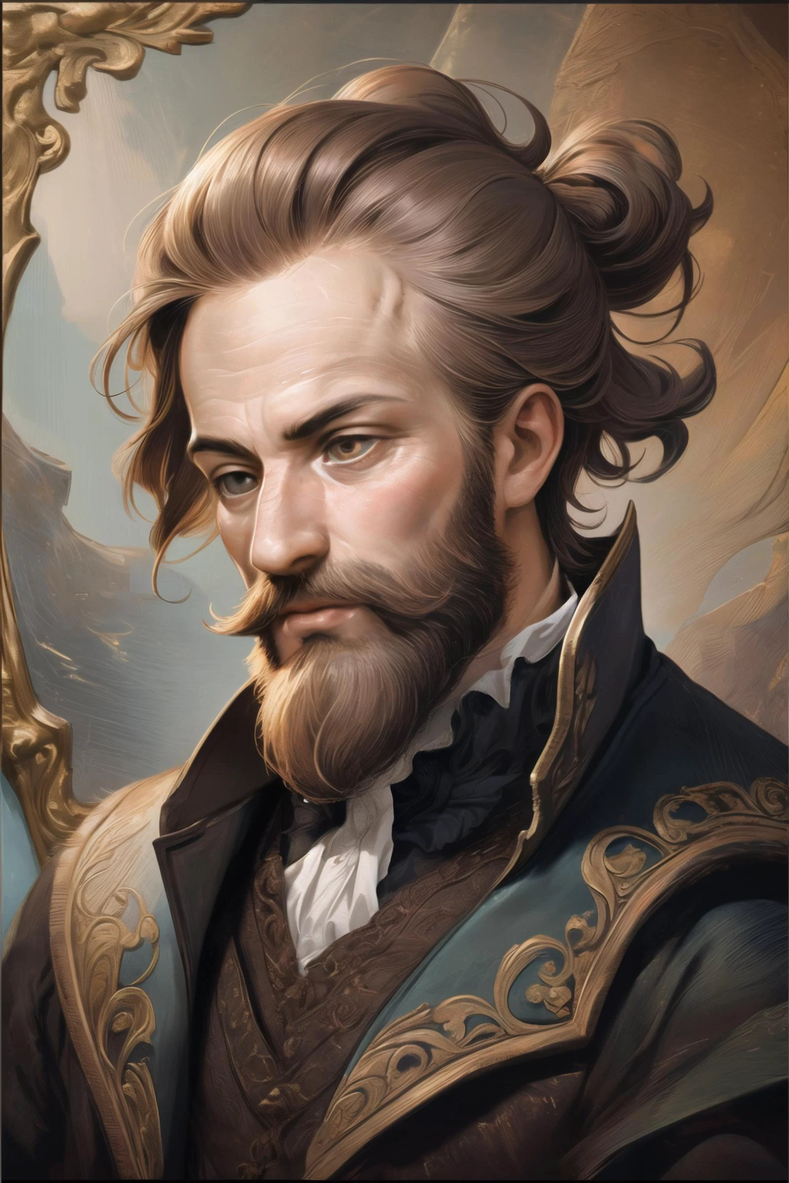 (masterpiece),(best quality),(extremely intricate),(sharp focus),(cinematic lighting),(extremely detailed),18th century painting of a man with a beard and mustache.,pg-13,