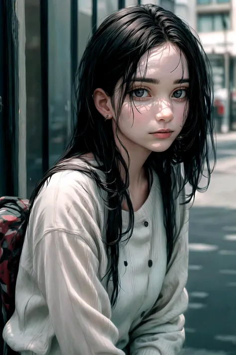 A woman with black hair and a nose piercing staring at the camera.