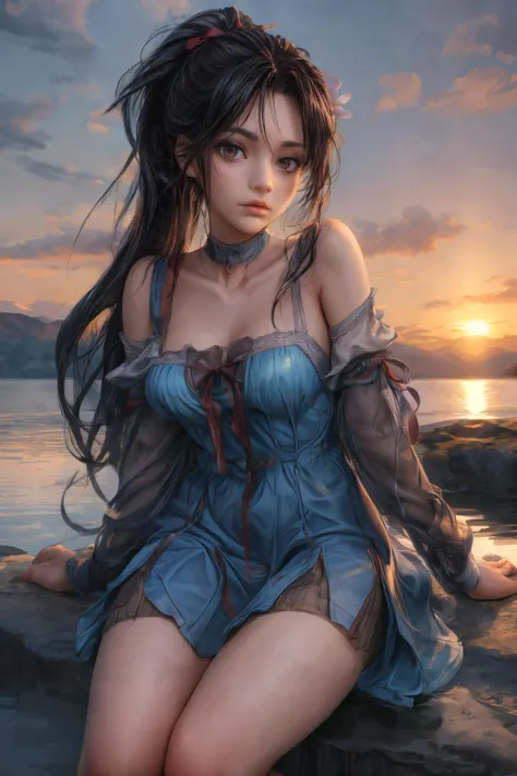 1girl, solo, long hair, breasts, large breasts, black hair, hair ornament, dress, closed mouth, cleavage, jewelry, bare shoulders, sitting, collarbone, ponytail, flower, outdoors, earrings, sky, choker, cloud, water, looking to the side, see-through, lips, blue dress, sunlight, sunset, mountain, sun, see-through sleeves, lake, , contemporary fine detail, intricate detail, creative, extremely rich detail