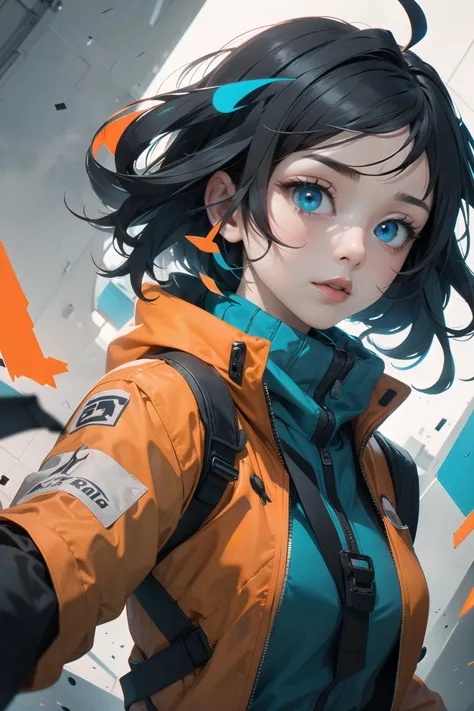 (masterpiece),(best quality),(extremely intricate),(sharp focus),(cinematic lighting),(extremely detailed),A woman with blue eyes and a red jacket looking at the camera., background inspired, epic, ambient, imposing,pg-13,