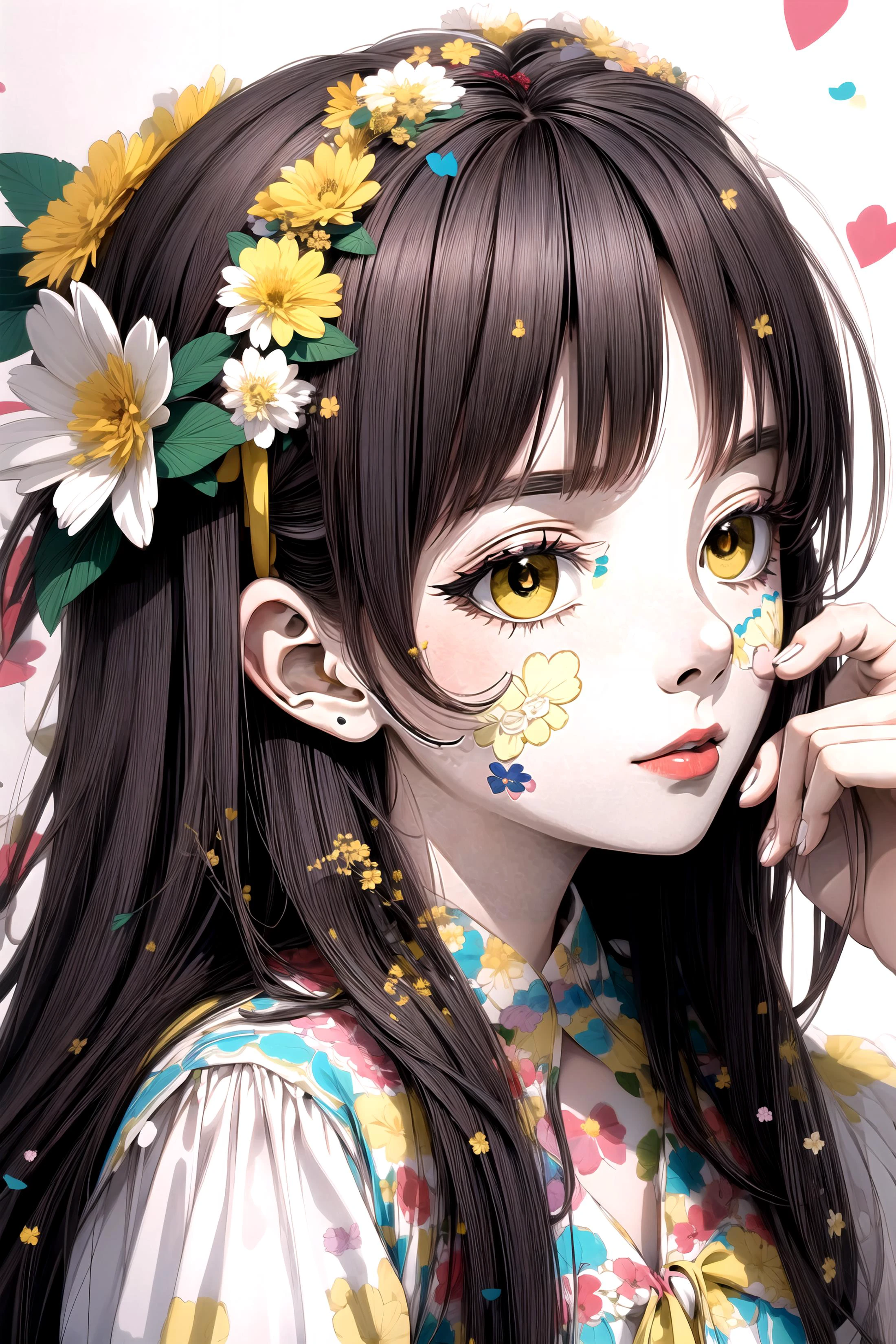 A woman with a flower headband and yellow flowers on her face.