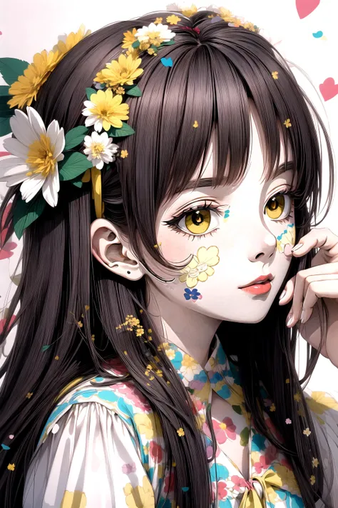 A woman with a flower headband and yellow flowers on her face.