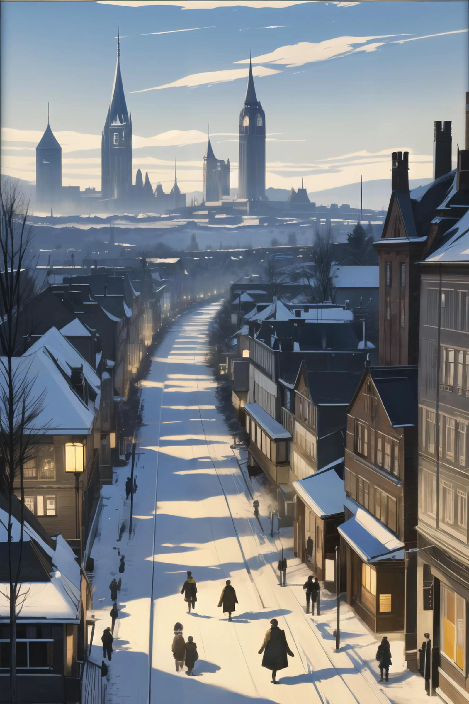 (masterpiece),(best quality),(extremely intricate),(sharp focus),(cinematic lighting),(extremely detailed),19th century painting of a snowy city street with people walking on the sidewalk.,pg-13,