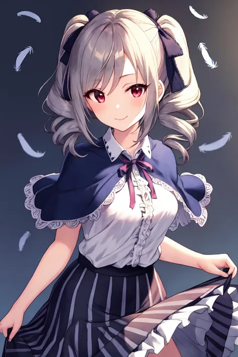 <lora:kanzaki ranko_Loha:0.7>, kanzaki ranko, 1girl, solo, grey hair, red eyes, smile, feathers, ribbon, skirt, striped, vertical stripes, capelet, shirt, blue ribbon, twintails, vertical-striped skirt, white shirt, looking at viewer, drill hair, hair ribbon, skirt hold, black feathers, neck ribbon, striped skirt, twin drills, long hair, frills, blue skirt, bangs, shiny hair, closed mouth, striped ribbon, bow, purple ribbon, grey background, shiny, center frills, blush