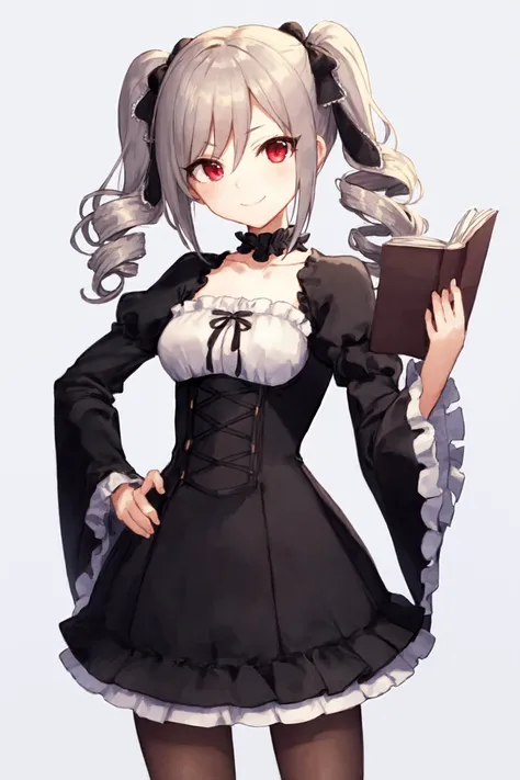 <lora:kanzaki ranko_Loha:0.7>, kanzaki ranko, 1girl, solo, grey hair, red eyes, book, pantyhose, twintails, white background, simple background, holding book, dress,  holding, looking at viewer, smile, black dress, drill hair, long sleeves, black pantyhose, twin drills, hand on hip, frills, ribbon, puffy sleeves, frilled dress, collarbone, long hair, black ribbon, juliet sleeves, hair ribbon, closed mouth, bangs, cowboy shot, bow, breasts, choker, hair between eyes