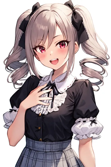 <lora:kanzaki ranko_Loha:0.7>, kanzaki ranko, 1girl, solo, grey hair, open mouth, red eyes, smile, drill hair, ribbon, shirt, twintails, simple background, upper body, twin drills, frills, white shirt, looking at viewer, :d, skirt, white background, black ribbon, hair ribbon, short sleeves, striped, frilled sleeves, blush, long hair, teeth, bangs, bow, frilled shirt, black skirt, neck ribbon, blouse, high-waist skirt