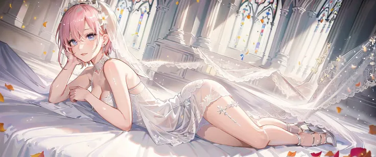 masterpiece, <lora:nakanoIchika_nakanoIchika21:0.51>, nakano ichika (the quintessential quintuplets), (finely detailed beautiful eyes:1.4), aesthetic, best quality, detailed background, (looking different directions:1.2), church, light through windows, wedding bouquet, (1girl:2.0), (solo:2.0), (alone:2.0), deep purple eyes, blue eyes, focus on girl, wedding veil, flower petals, bright shining lights, wedding ring, flowers in hair, wedding dress, cleavage, light pink hair, short hair, straight hair, straight cut hair, earrings, nail art, fashionable, sexy, beaufitul, makeup, eyeliner, long eyelashes, looking at viewer, showing wedding ring, red lipstick, (very detailed faces in the background), depth of field