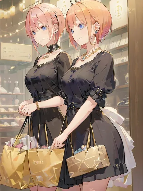 (((<lora:NakanoNinoLoconLORA_v140:0.4>, nakano nino (the quintessential quintuplets), hair ornament, beautiful blue eyes, purple hair, (black ribbons, two side up:0.85), blunt bangs, short hair, evil grin)) standing next to ((<lora:nakanoIchika_nakanoIchika21:0.4>, nakano ichika (the quintessential quintuplets), beaufitul, light pink hair, short haircut, short hair, straight hair, straight cut hair, no hair accessories, (seductive smile:1.2), earrings, cut bangs, nail art, fashionable, slim gold necklace, looking away, (hoop earrings:0.9), closed mouth, bangs))), 2 girls, siblings, twins, masterpiece, (finely detailed beautiful eyes:1.2), aesthetic, best quality, detailed background, shopping for perfume, buying perfume, ginza, expensive store, trying on lipstick, (the quintessential quintuplets:1.4), jewelry, elegant, expensive clothing, looking at price tag, different expressions, holding shopping bags, nino and ichika, different clothing