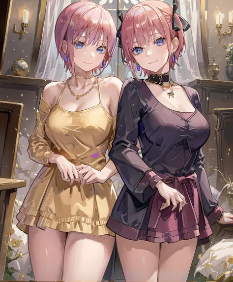 (2 girls, siblings:1.1), (<lora:NakanoNinoLoconLORA_v140:0.3>, nakano nino, beautiful blue eyes, hair ribbon, purple hair, blunt bangs, black ribbon, short hair, evil smile), (1 girl, <lora:nakanoIchika_nakanoIchika21:0.6>, nakano ichika, ichika nakano, light pink hair, short hair, straight hair, seductive smile, earrings, cut bangs, nail art, fashionable, sexy, beaufitul, gold necklace, hoop earrings, closed mouth, bangs), aesthetic, intricate, best quality, detailed background, detailed textures, posing, indoors, living room, expensive furniture, penthouse, (masterpiece, finely detailed beautiful eyes:1.0), absurdres, curtain wall, night sky, night view, city skyline, windows, posing together, anime (The Quintessential Quintuplets), drinking champagne, (nino standing next to ichika)