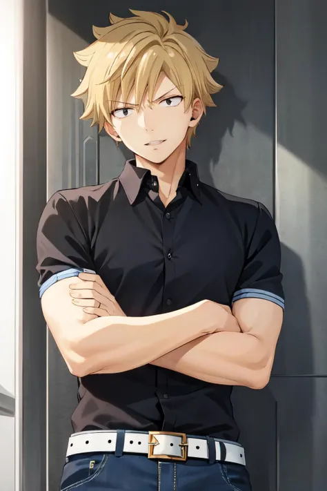 weisz-v2,1boy,solo,short hair, blonde hair,black eyes, happy, parted lips, black shirt, collared shirt, denim, belt, shirt tucked in, upper body, crossed arms, <lora:weisz_steiner:1>
