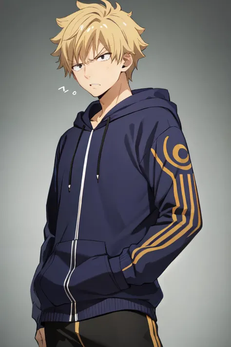 weisz-v2,1boy,solo,short hair, blonde hair,black eyes, angry, hoodie, black hoodie, <lora:weisz_steiner:1>