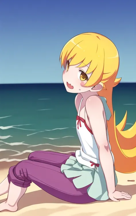 <lora:OshinoShinobuV1:1>,oshino shinobu, adult, masterpiece, best quality, sitting, pants, from the side, adult face, t shirt, beach