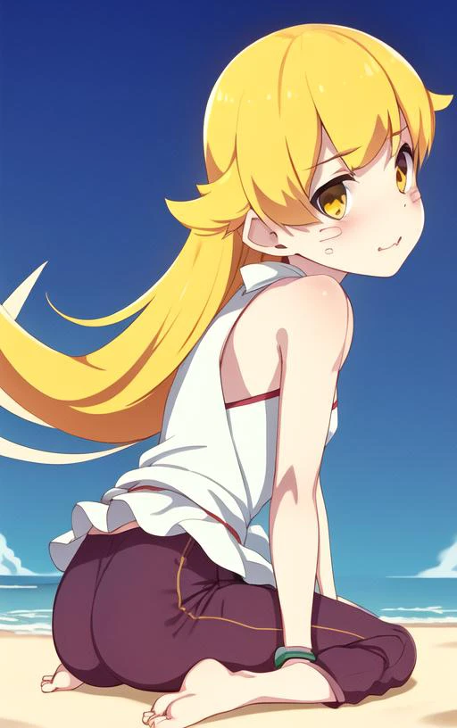 <lora:OshinoShinobuV1:1>,oshino shinobu, adult, masterpiece, best quality, sitting, pants, from the side, adult face, t shirt, beach