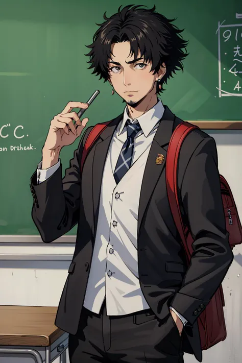 masterpiece, best quality, 1boy, male focus, solo, looking at viewer, <lora:EPscMugen-000011:0.7>, EPscMugen, black hair, short hair, earrings, goatee stubble, stubble, school uniform, black jacket, white shirt, black pants, backpack, school bag, classroom, school desk, chalkboard, necktie,