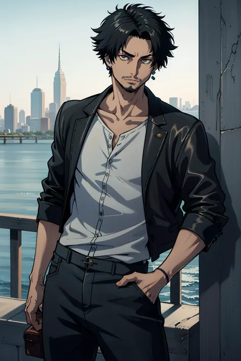 masterpiece, best quality, 1boy, male focus, solo, looking at viewer, <lora:EPscMugen-000011:0.7>, EPscMugen, black hair, short hair, earrings, goatee stubble, stubble, white shirt, open clothes, black jacket, open jacket, collarbone, bangs, leather jacket, street, bridge, ocean, cityscape,