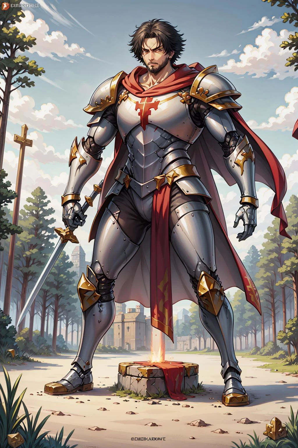 masterpiece, best quality, 1boy, male focus, solo, looking at viewer, <lora:EPscMugen-000011:0.7>, EPscMugen, black hair, short hair, earrings, goatee stubble, stubble, crusader, armor, sword, shield, religious attire, fantasy, medieval, warrior, crusade, action pose, battlefield, divine light, holy warrior, medieval city, glowing weapon, epic scene, religious warfare, armored warrior, combat scene, heroic, glowing eyes, divine protection, <lora:CrusaderWorld:1> crusaderworld, deus vult