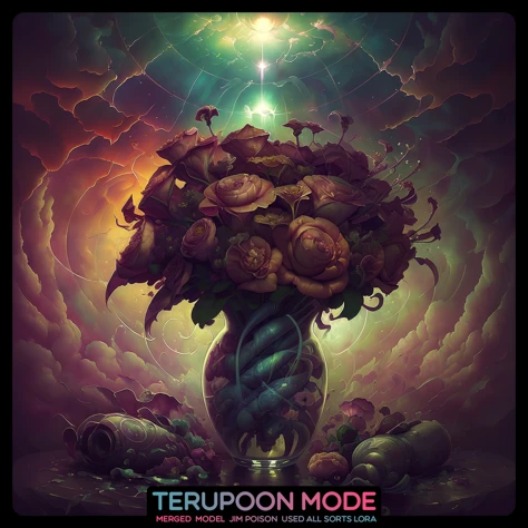 Art by (Apterus:1.5) style. A delightful bouquet of flowers in a vase against the background of a huge window with (swirling clouds:1.2) and a solar eclipse, (night:1.2). Amazing is the best Apterus epic illustration in the world.