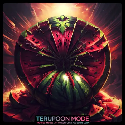 Epic art by (Apterus:1.5) style. A huge bitten (watermelon:1.2), night. Amazing is the best Apterus epic illustration in the world. (Correct anatomy painting Apterus:1.2).