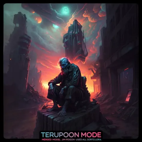 Cinematic illustration by Apterus - A sad old man sitting on the edge of a ruined world. Brutalism style.