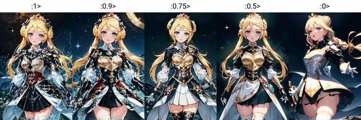 masterpiece, (best quality:1.1), ultra-detailed, glistening shiny, glowing light, ray tracing, HDR, deph of field, (perfect face, detailed face, detailed eyes, perfect hands, perfect fingers), 8k, HD, ultra realistic face, ray tracing, perfect lighting, ultra-detailed, shiny eyes, looking at viewer, 1girl, (mature female:1.4), thicc,
<lora:stellaOP_LoHa_LeaderThree_v1:1>,
stellaOPoriginoutfitLT,
tiara, twintails, braid, crown braid, braided bun, blonde hair, very long hair, hair bow, blue eyes, armored dress, shoulder armor, black skirt, pleated skirt, long sleeves, white gloves, white thighhighs,
night, night sky, outdoors, sparkle, standing, starry sky,