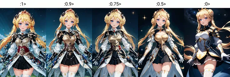 masterpiece, (best quality:1.1), ultra-detailed, glistening shiny, glowing light, ray tracing, HDR, deph of field, (perfect face, detailed face, detailed eyes, perfect hands, perfect fingers), 8k, HD, ultra realistic face, ray tracing, perfect lighting, ultra-detailed, shiny eyes, looking at viewer, 1girl, (mature female:1.4), thicc,
<lora:stellaOP_LoHa_LeaderThree_v1:1>,
stellaOPoriginoutfitLT,
tiara, twintails, braid, crown braid, braided bun, blonde hair, very long hair, hair bow, blue eyes, armored dress, shoulder armor, black skirt, pleated skirt, long sleeves, white gloves, white thighhighs,
night, night sky, outdoors, sparkle, standing, starry sky,