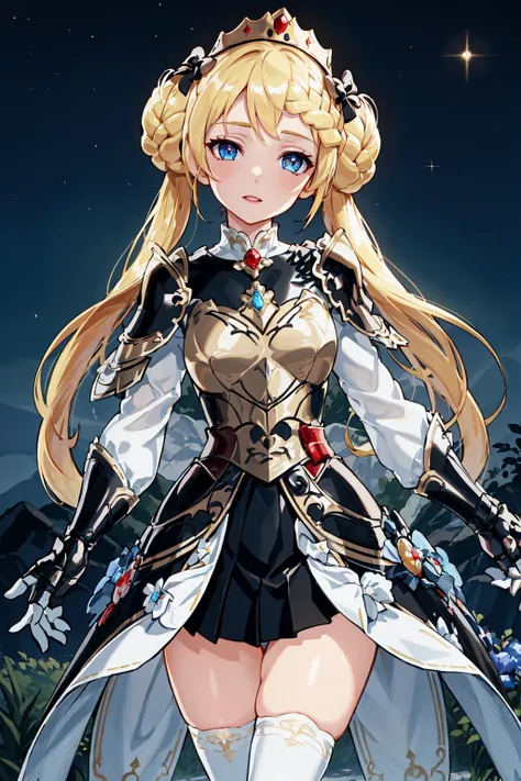 masterpiece, (best quality:1.1), ultra-detailed, glistening shiny, glowing light, ray tracing, HDR, deph of field, (perfect face, detailed face, detailed eyes, perfect hands, perfect fingers), 8k, HD, ultra realistic face, ray tracing, perfect lighting, ultra-detailed, shiny eyes, looking at viewer, 1girl, (mature female:1.4), thicc,
<lora:stellaOP_LoHa_LeaderThree_v1:0.75>,
stellaOPoriginoutfitLT,
tiara, twintails, braid, crown braid, braided bun, blonde hair, very long hair, hair bow, blue eyes, armored dress, shoulder armor, black skirt, pleated skirt, long sleeves, white gloves, white thighhighs,
night, night sky, outdoors, sparkle, standing, starry sky,