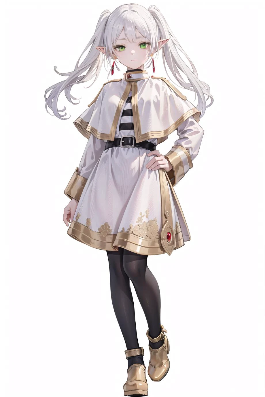 8k, best quality, masterpiece, (ultra-detailed:1.1), (high detailed skin),
(full body:1.2), white background, standing, looking at viewer, solo, hand on hip,
<lora:fll-v100:0.75:lbw=OUTALL>, fll, twintails, 1girl, pointy ears, round face,white hair, green eyes, elf, pantyhose, long hair, earrings, black pantyhose, white capelet, long sleeves, dress,
(white background, simple background,:1.2),
<lora:EnvyBetterHands LoCon_beta2 è¾
å©:0.55>, ( good hands, nice hands:0.5),
(beautiful_face), ((intricate_detail)), clear face,
((finely_detailed)), fine_fabric_emphasis,
((glossy)), full_shot,