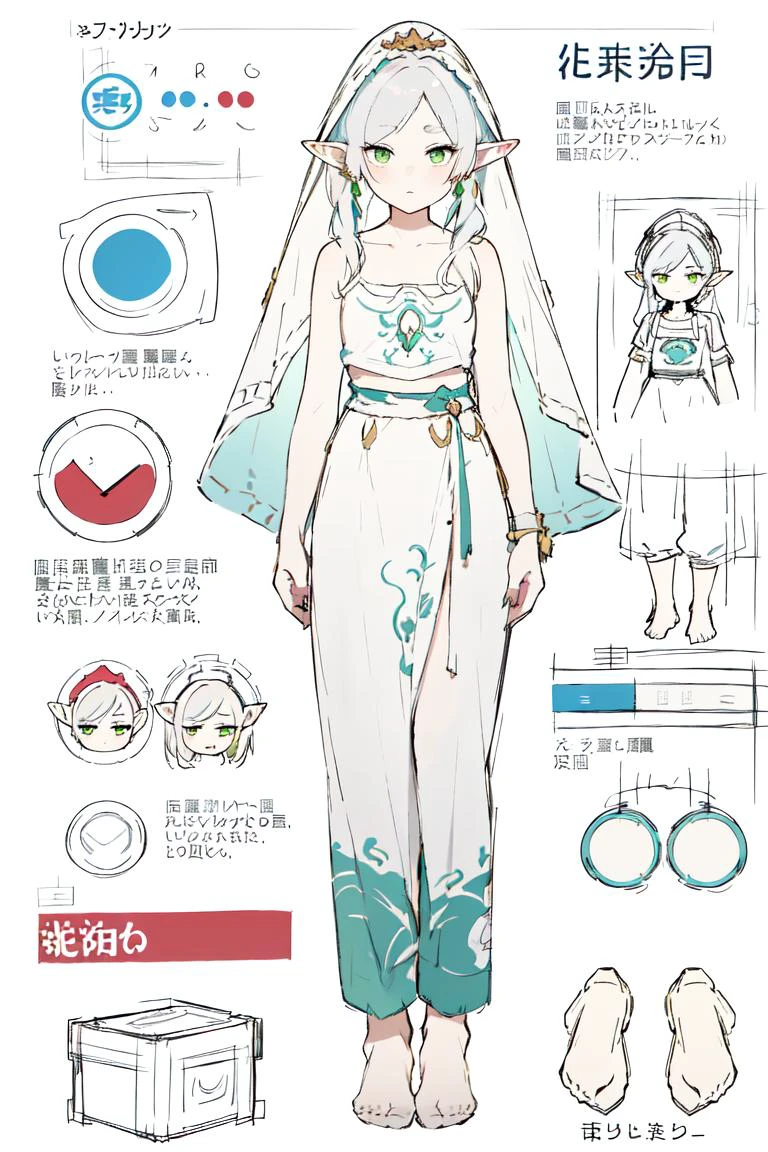 multiple views, pencil sketch, (sketch:1.25), (,small breasts,), ((no shoes)), shy, best quality, graphite \\(medium\\), ske, gradient, rainbow, note, Line draft, highres, absurdres, (ultra-detailed:1.1), (illustration:1.1), (infographic:1.2), pajamas, (all clothes configuration:1.15), (solo), perfectly drawn hands, standing, cohesive background, paper, action, (character design:1.1),
<lora:China Goddess Fashion (æ¦ç
飿±ææ°é£æ ¼) æè£
:0.8:lbw=MIDD>, China goddess, veil,
<lora:fll-v100:0.75:lbw=OUTALL>, fll, twintails, 1girl, pointy ears, round face, white hair, green eyes, elf, long hair, earrings,