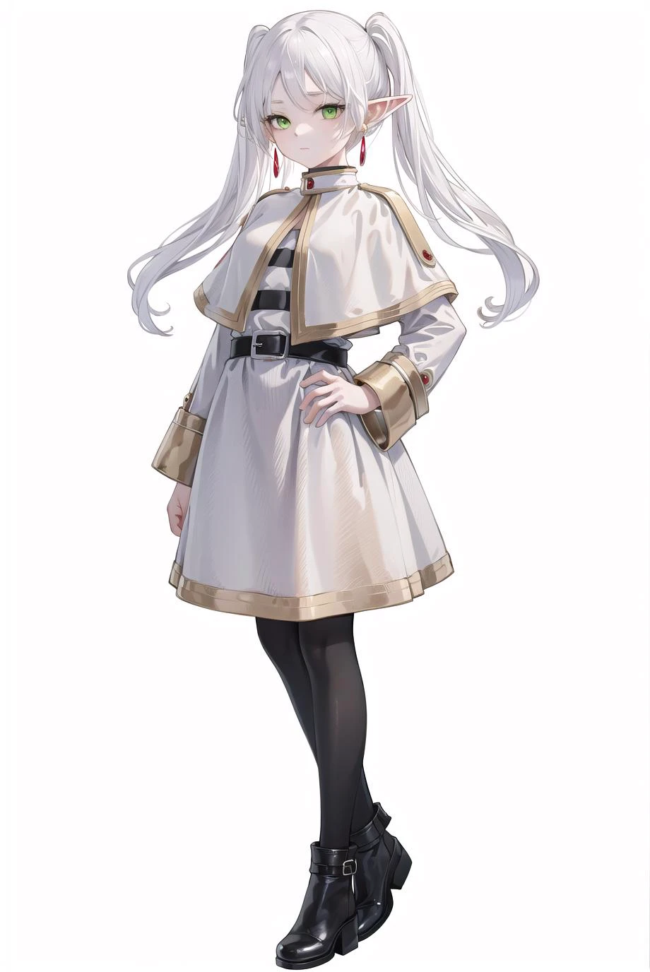 8k, best quality, masterpiece, (ultra-detailed:1.1), (high detailed skin),
(full body:1.2), white background, standing, looking at viewer, solo, hand on hip,
<lora:fll-v100:0.75:lbw=OUTALL>, fll, twintails, 1girl, pointy ears, white hair, green eyes, elf, pantyhose, long hair, earrings, black pantyhose, white capelet, long sleeves, dress,
(white background, simple background,:1.2),
<lora:EnvyBetterHands LoCon_beta2 è¾
å©:0.55>, ( good hands, nice hands:0.5),
(beautiful_face), ((intricate_detail)), clear face,
((finely_detailed)), fine_fabric_emphasis,
((glossy)), full_shot,