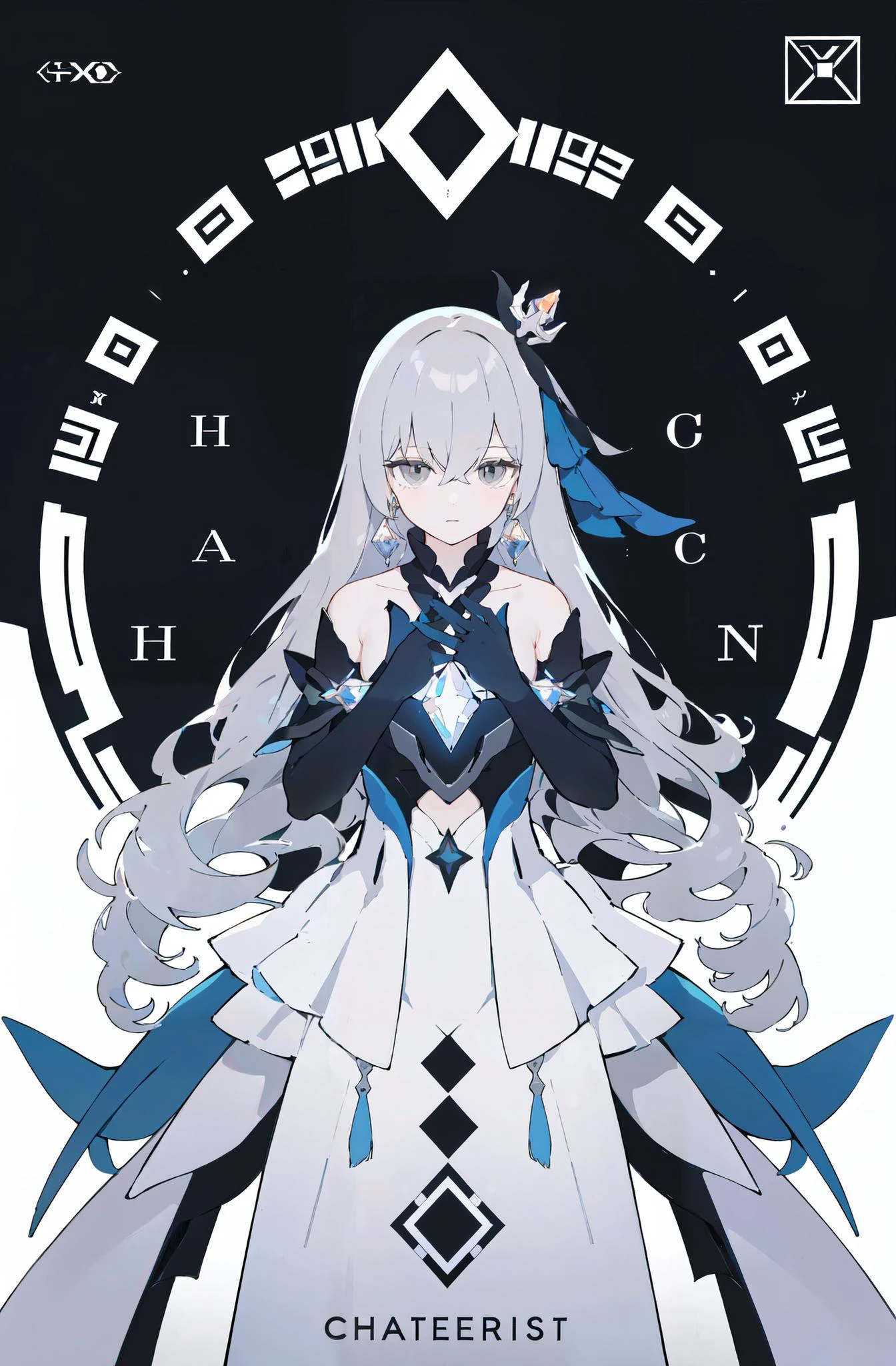 simple_black_background, black and white theme, Sense of coordination, sense of order, mathematics beauty, (((cover design))), (((((cover art))))), ((trim)), album_art, official art, (Master's work),
<lora:zhenli-v100:0.8:lbw=OUTALL>, zhenli, 1girl, gloves, bronya zaychik, jewelry, grey hair, earrings, elbow gloves, white thighhighs, dress, bare shoulders, bangs, grey eyes, long hair,
chessboard, chess, white geometry, black geometry, reflection, crystal_art, pattern_design, creative, Mystery pattern, black crystal decorate, black crystal, (architectural art), ((geometric art)), pattern design, creative,
------,
Low saturation, grand masterpiece, Perfect composition, film light, light art