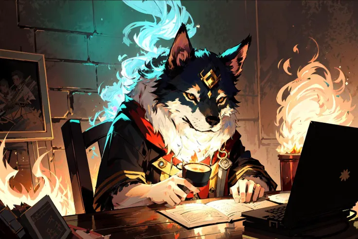 fantasycharacter, dog, wearing a derby hat, speech bubble, sitting in chair, at table, coffee cup, burning, flames, room on fire, smoke, tavern, landscape, (perfect lighting, shadows), 8k uhd, dslr, soft lighting, high quality, film grain, Fujifilm XT3, sharp focus, 8k high definition, insanely detailed, intricate, masterpiece, highest quality <lora:FirevfxCreateMore_v2:0.5>