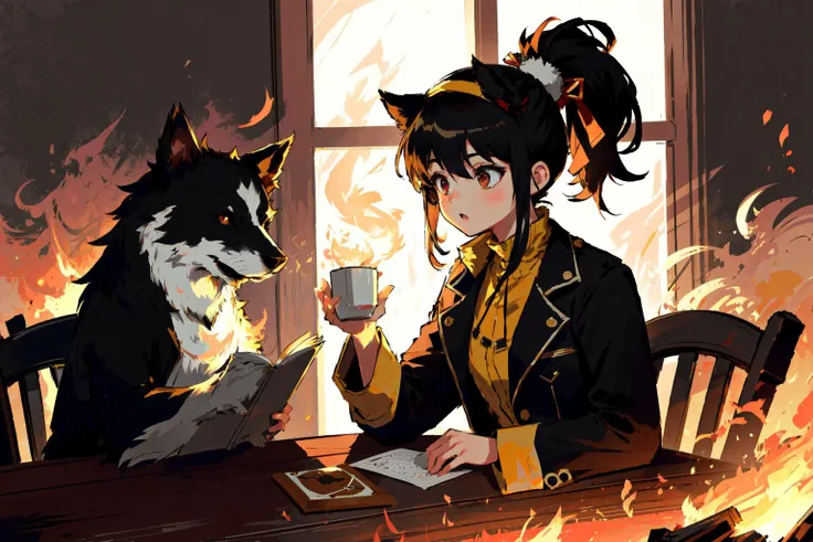 fantasycharacter, dog, wearing a derby hat, speech bubble, sitting in chair, at table, coffee cup, burning, flames, room on fire, smoke, tavern, landscape, (perfect lighting, shadows), 8k uhd, dslr, soft lighting, high quality, film grain, Fujifilm XT3, sharp focus, 8k high definition, insanely detailed, intricate, masterpiece, highest quality <lora:FirevfxCreateMore_v2:0.5>