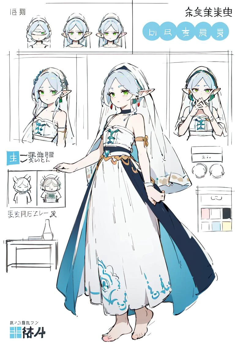 multiple views, pencil sketch, (sketch:1.25), (,small breasts,), ((no shoes)), shy, best quality, graphite \\(medium\\), ske, gradient, rainbow, note, Line draft, highres, absurdres, (ultra-detailed:1.1), (illustration:1.1), (infographic:1.2), pajamas, (all clothes configuration:1.15), (solo), perfectly drawn hands, standing, cohesive background, paper, action, (character design:1.1),
<lora:China Goddess Fashion (æ¦ç
飿±ææ°é£æ ¼) æè£
:0.8:lbw=MIDD>, China goddess, veil,
<lora:fll-v100:0.75:lbw=OUTALL>, fll, twintails, 1girl, pointy ears, round face, white hair, green eyes, elf, long hair, earrings,
