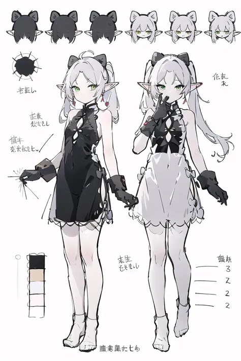 multiple views, pencil sketch, (sketch:1.25), (,small breasts,), ((no shoes)), shy, best quality, graphite \\(medium\\), ske, gradient, rainbow, note, Line draft, highres, absurdres, (ultra-detailed:1.1), (illustration:1.1), (infographic:1.2), pajamas, (all clothes configuration:1.15), (solo), perfectly drawn hands, standing, cohesive background, paper, action, (character design:1.1),
<lora:Black velvet cheongsam æè£
:1>Black velvet cheongsam , photo_unp,
<lora:fll-v100:0.75:lbw=OUTALL>, fll, twintails, 1girl, pointy ears, round face, white hair, green eyes, elf, long hair, earrings,