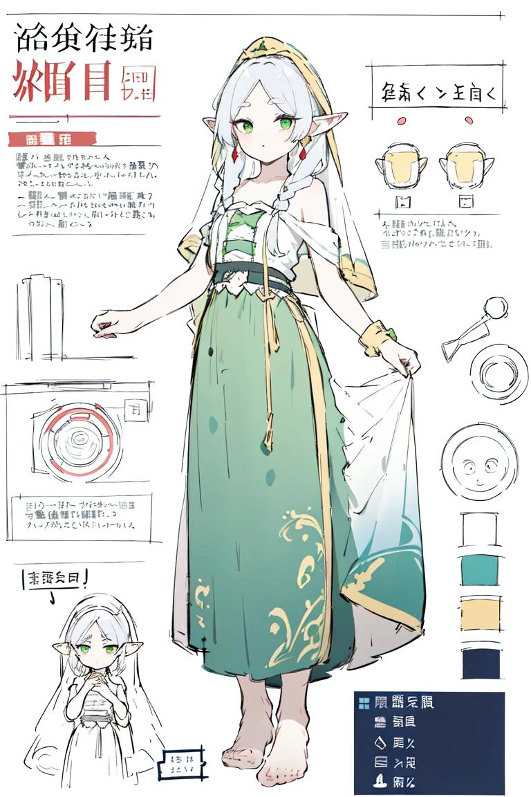 multiple views, pencil sketch, (sketch:1.25), (,small breasts,), ((no shoes)), shy, best quality, graphite \\(medium\\), ske, gradient, rainbow, note, Line draft, highres, absurdres, (ultra-detailed:1.1), (illustration:1.1), (infographic:1.2), pajamas, (all clothes configuration:1.15), (solo), perfectly drawn hands, standing, cohesive background, paper, action, (character design:1.1),
<lora:China Goddess Fashion (æ¦ç
飿±ææ°é£æ ¼) æè£
:0.8:lbw=MIDD>, China goddess, veil,
<lora:fll-v100:0.75:lbw=OUTALL>, fll, twintails, 1girl, pointy ears, round face, white hair, green eyes, elf, long hair, earrings,